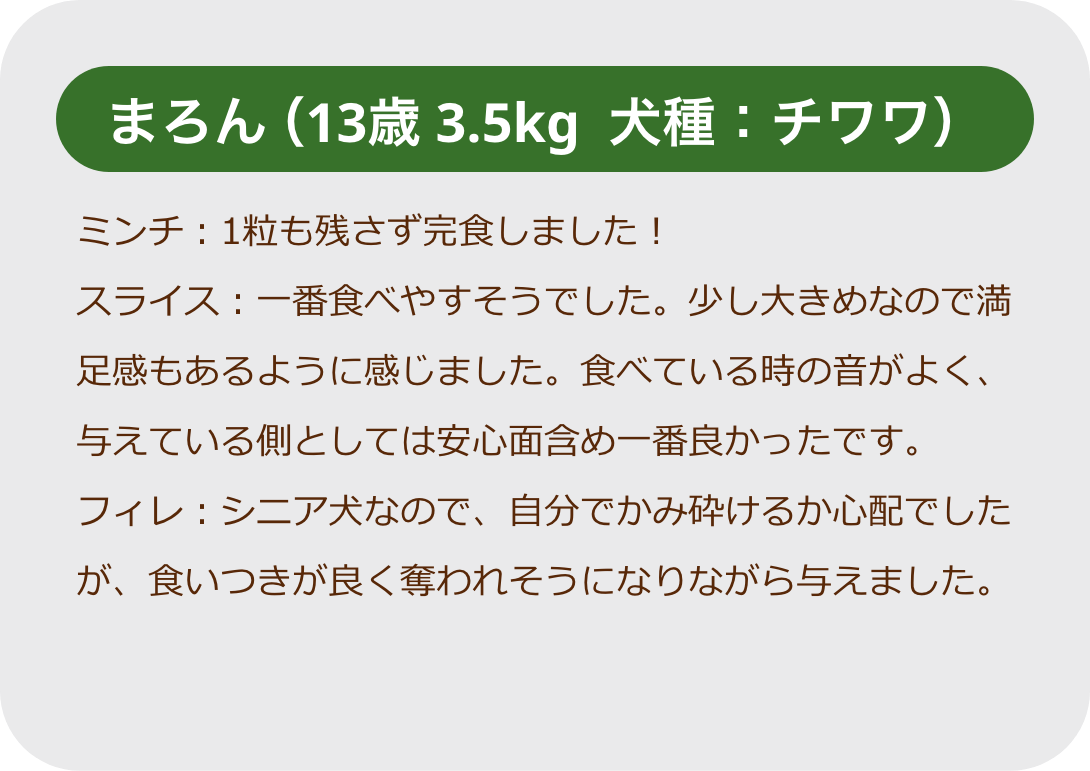 まろん（13歳 3.5kg  犬種：チワワ）ミンチ：1粒も残さず完⾷しました！スライス：⼀番⾷べやすそうでした。少し⼤きめなので満⾜感もあるように感じました。⾷べている時の⾳がよく、与えている側としては安⼼⾯含め⼀番良かったです。フィレ：シニア⽝なので、⾃分でかみ砕けるか⼼配でしたが、⾷いつきが良く奪われそうになりながら与えました。
